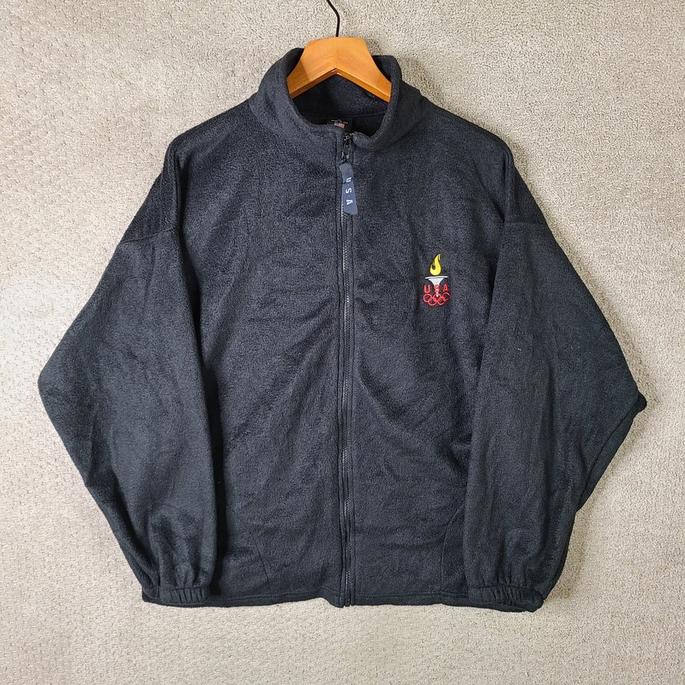 USA Olympics Jacket Mens XL Black Fleece Full Zip Embroidered Logo Polyester